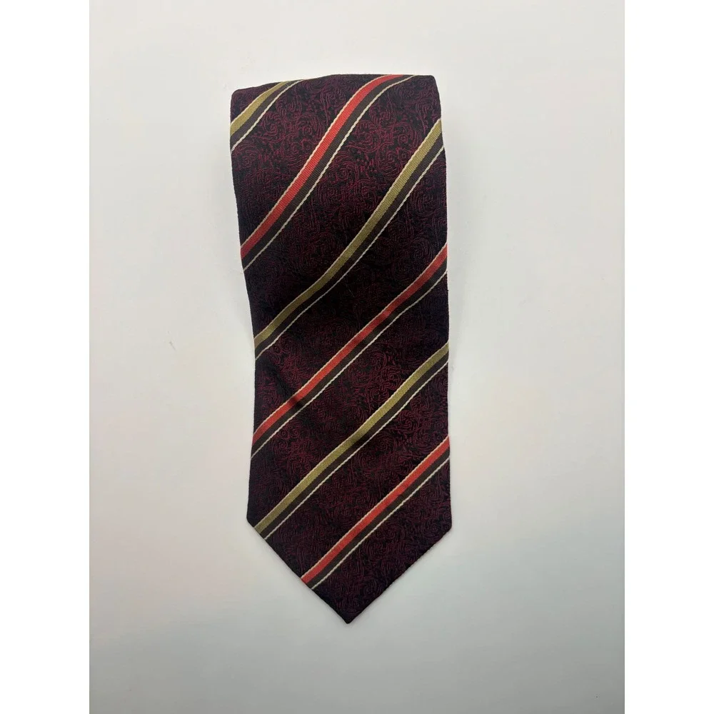 Luciano Ferretti Mens Silk Tie Burgundy Paisley Striped Red Gold Jacquard 1602